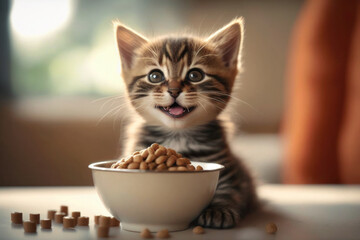 Kitten near a bowl of food, nutrition concept, generative AI