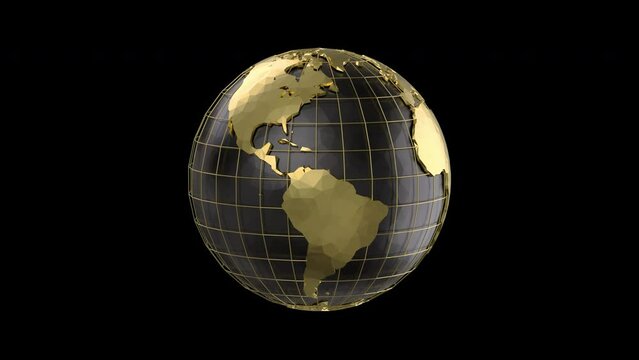 Planet Earth Globe Gold with Black on transparent background. Rotating 3d globe seamless loop animation.