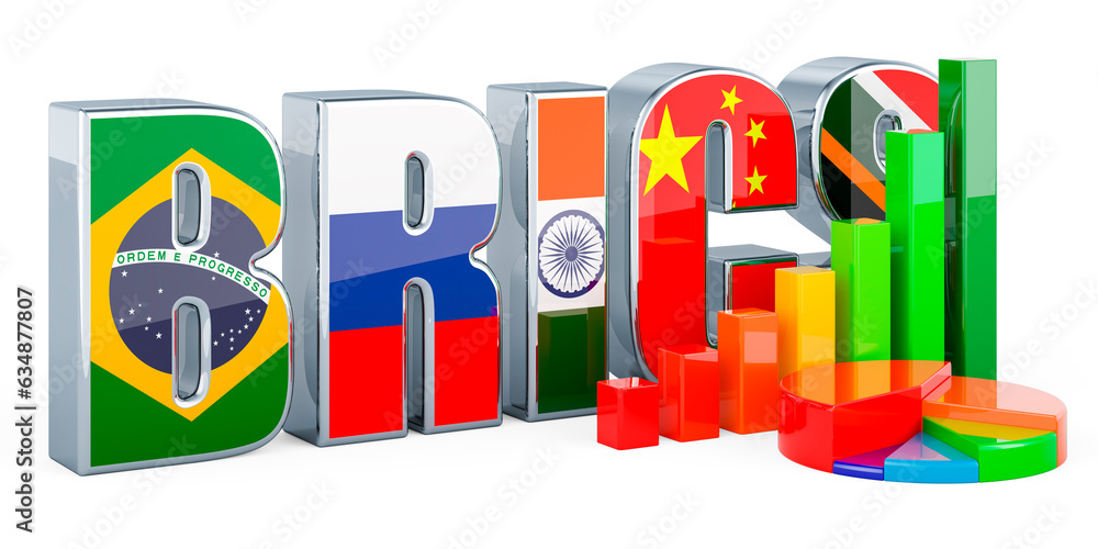 Poster brics with growth bar graph and pie chart, 3d rendering