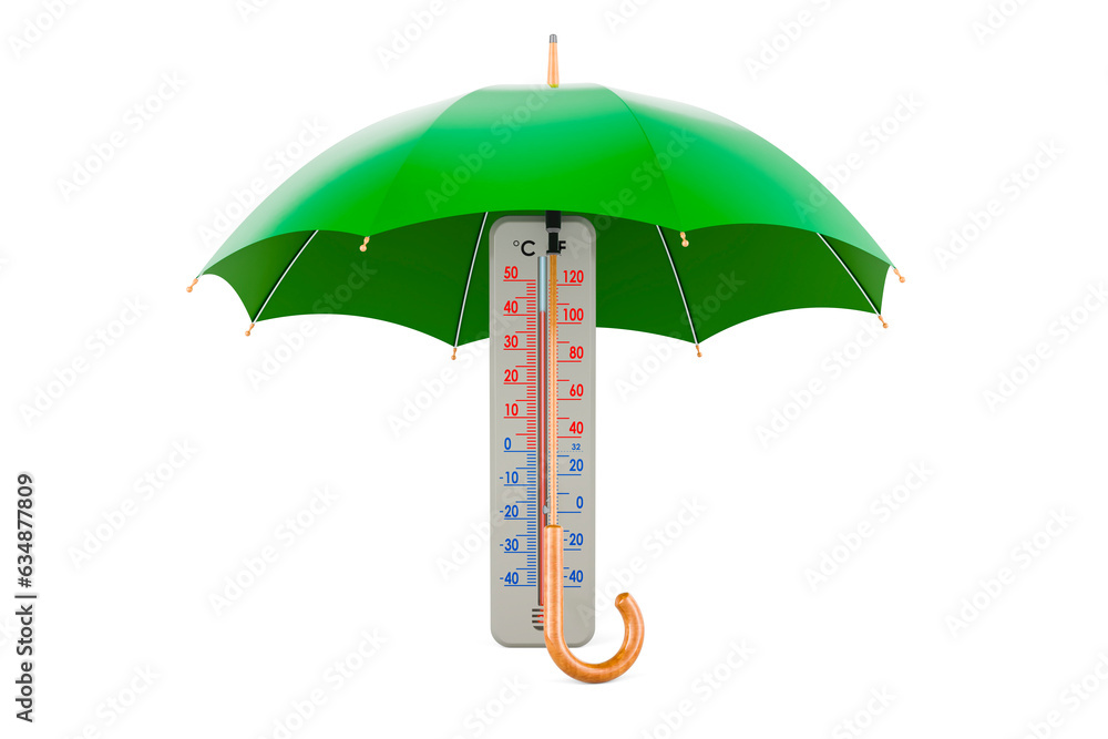 Poster thermometer under umbrella, 3d rendering