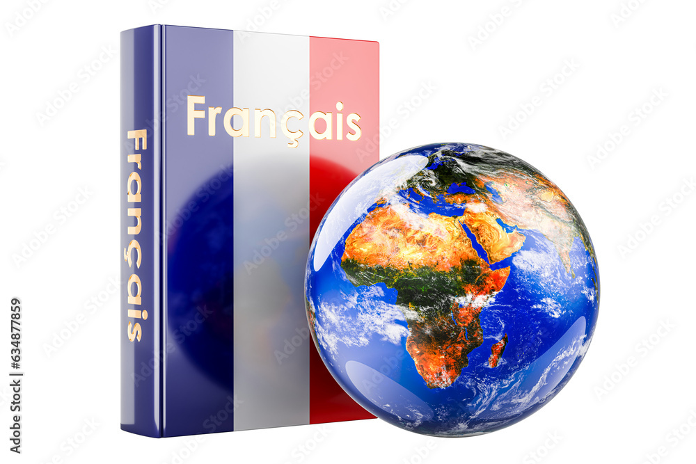 Poster french language textbook with earth globe. international lessons and courses of french language, 3d 