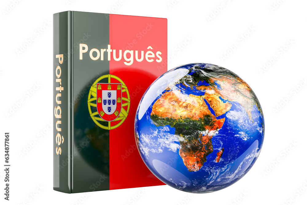Poster portuguese language textbook with earth globe. international lessons and courses of portuguese langu