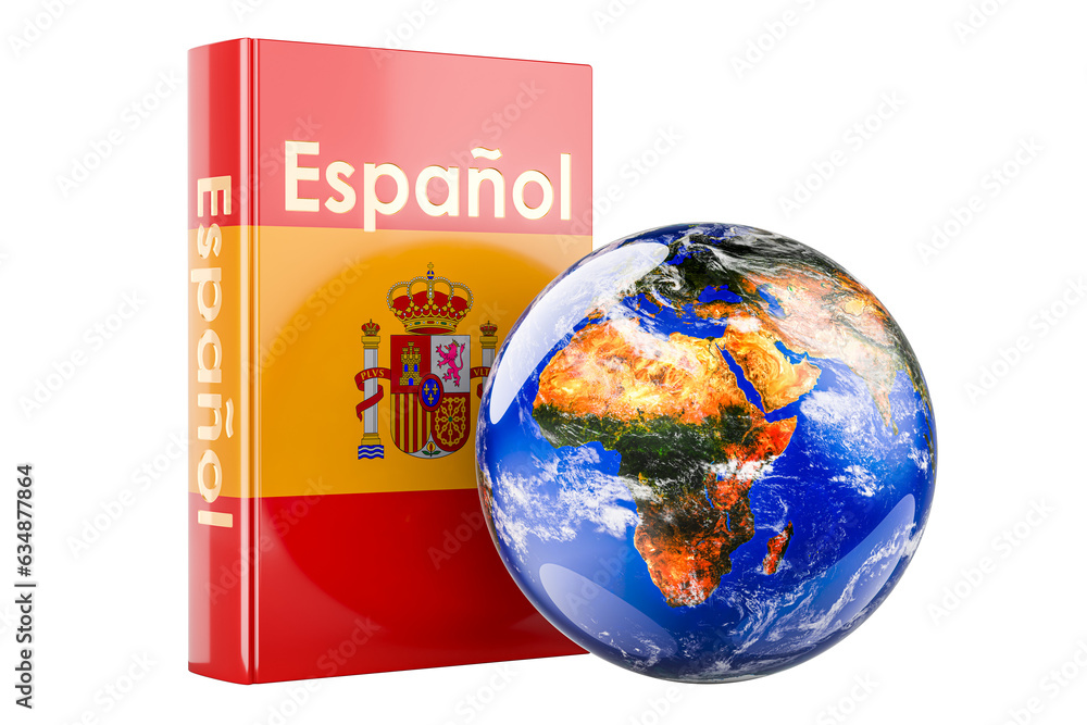 Poster spanish language textbook with earth globe. international lessons and courses of spanish language, 3
