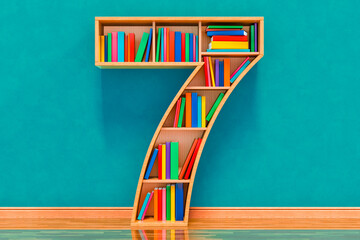 Number 7 in the form of shelves with books in the room near wall, 3D rendering © natatravel