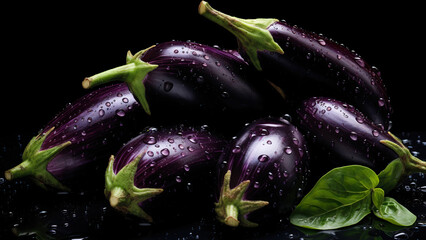 purple eggplants on a black background with water drops.