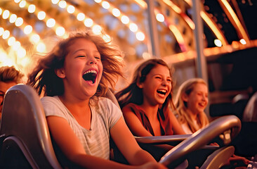 A thrilling roller coaster ride with a group of excited people