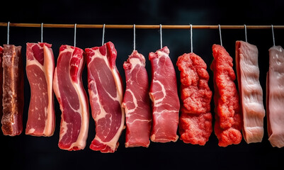 A unique display of raw meats hanging on a clothesline, showcasing the artistry of culinary craftsmanship