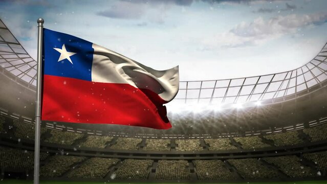 Animation of camera flashes and white particles over waving chile flag against sports stadium