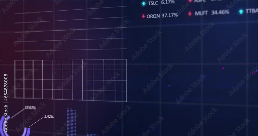Poster animation of statistical and stock market data processing against blue gradient background