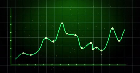 Animation of statistical data processing over grid network against green gradient background - Powered by Adobe