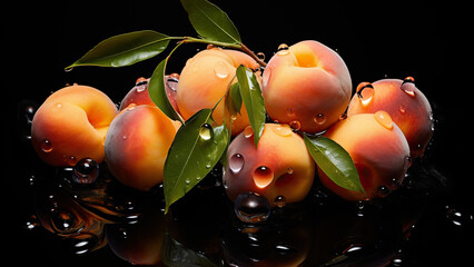 	
Fresh juicy peaches with water drops on a black background.	
