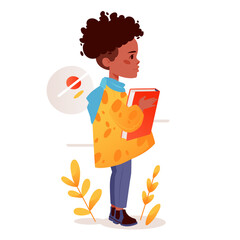 Portrait of a schoolgirl. Cute child holding a book in her hands. Colorful flat vector illustration of preschooler isolated on white background.