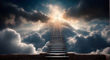 The stairs to heaven. Concept of rendemption with cross on the top of stairs. - obrazy, fototapety, plakaty