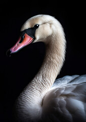 Fototapeta premium Animal portrait of a swan on a black background conceptual for frame