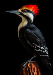 Obraz premium Animal portrait of a woodpecker on a black background conceptual for frame