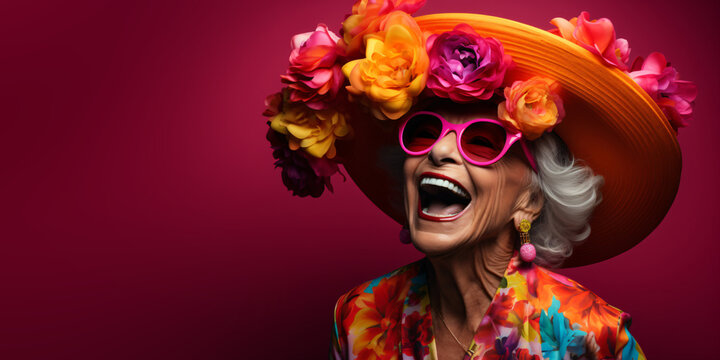 cool and happy laughing senior woman with funny sunglasses and crazy colorful headdress