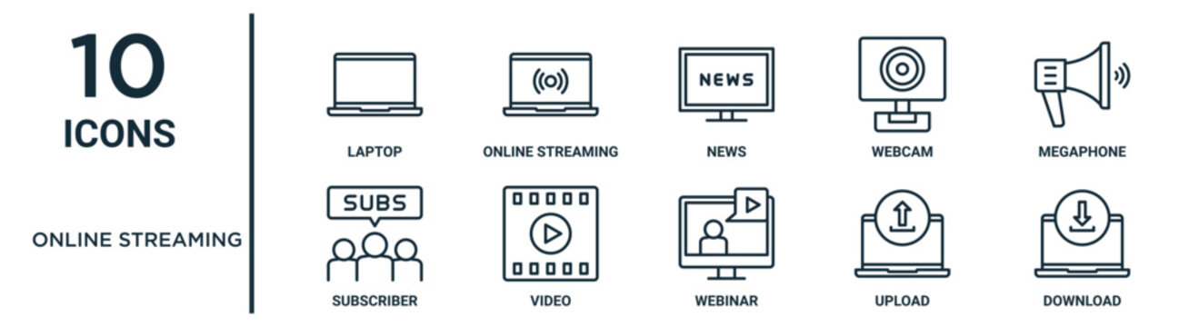 online streaming outline icon set such as thin line laptop, news, megaphone, video, upload, download, subscriber icons for report, presentation, diagram, web design