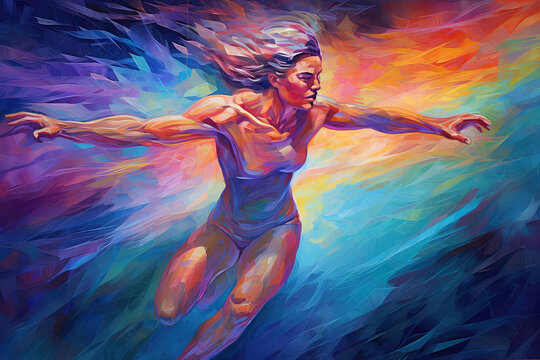 Painting of athletic woman ice skating, generative ai