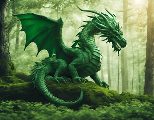 Beautiful woody green dragon on the background of a mystical forest, an animal symbol of 2024 new year