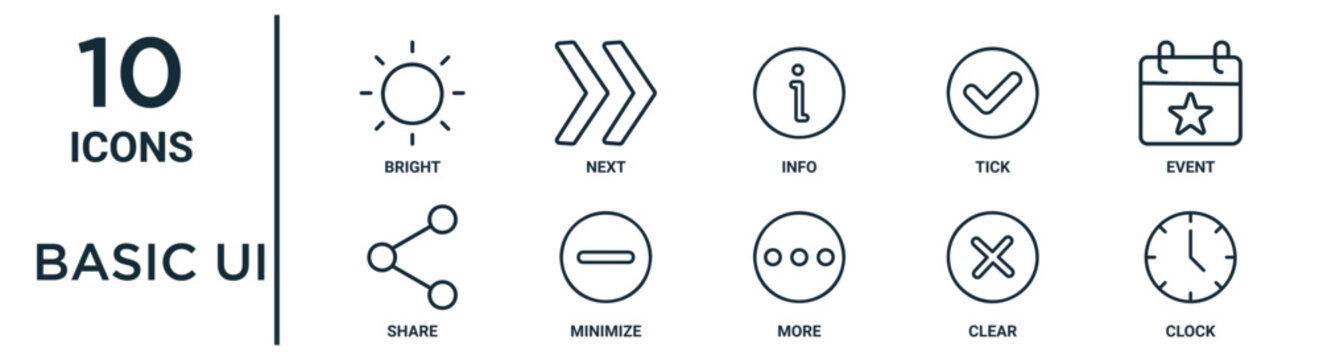 Basic Ui Outline Icon Set Such As Thin Line Bright, Info, Event, Minimize, Clear, Clock, Share Icons For Report, Presentation, Diagram, Web Design