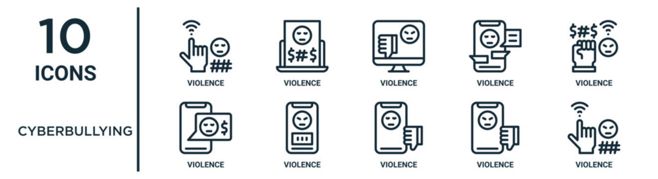 Cyberbullying Outline Icon Set Such As Thin Line Violence, Violence, Violence, Icons For Report, Presentation, Diagram, Web Design