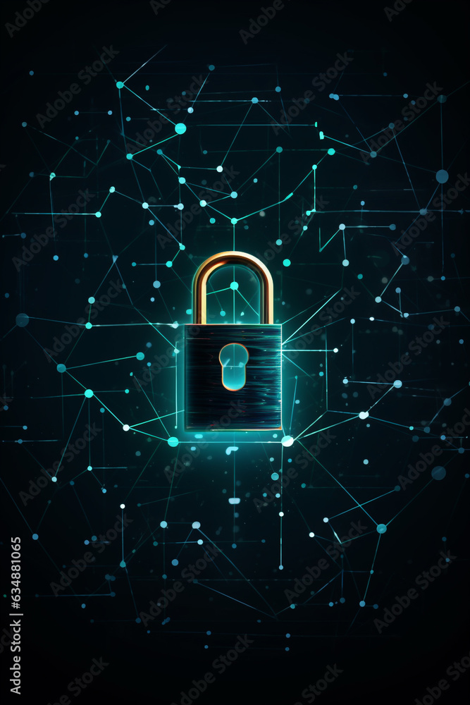 Poster cyber security concept. lock symbol from lines and triangles, point connecting network on blue backg