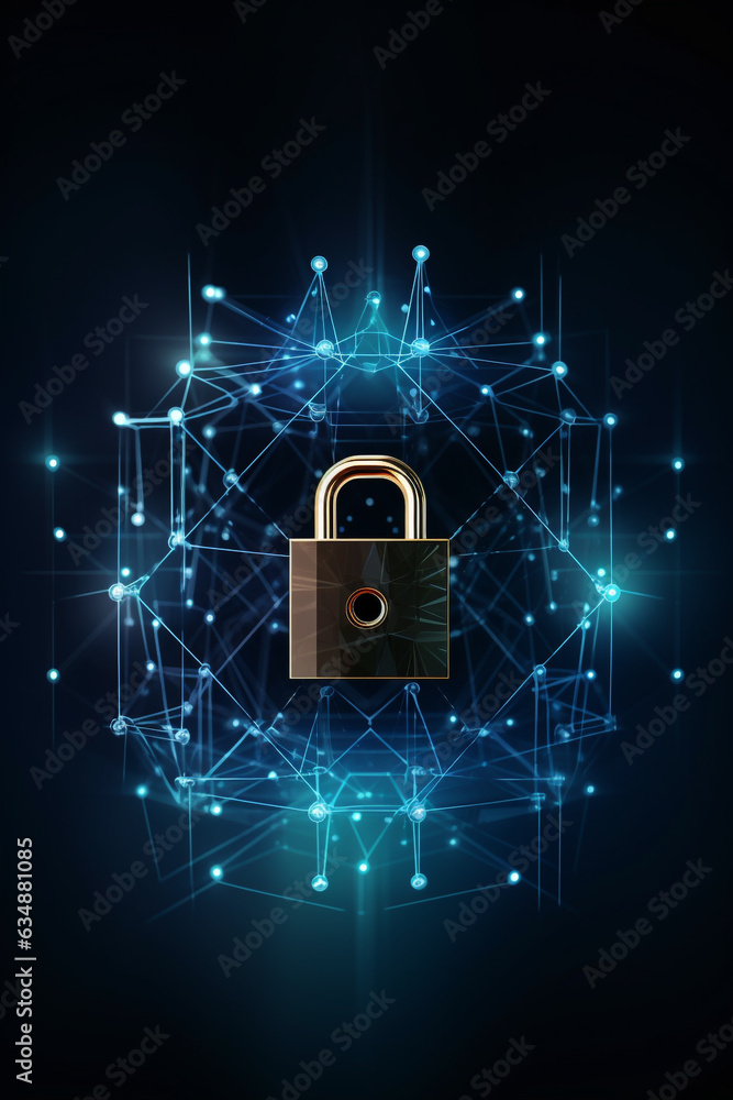 Poster cyber security concept. lock symbol from lines and triangles, point connecting network on blue backg