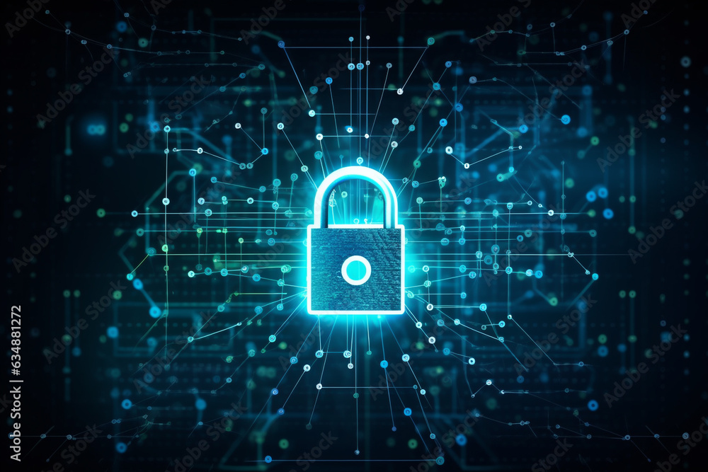 Poster cyber security concept. lock symbol from lines and triangles, point connecting network on blue backg