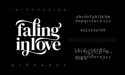 Fallinginlove premium luxury elegant alphabet letters and numbers. Elegant wedding typography classic serif font decorative vintage retro. Creative vector illustration