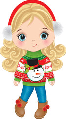 Vector image of Cute Girl in Christmas Sweater