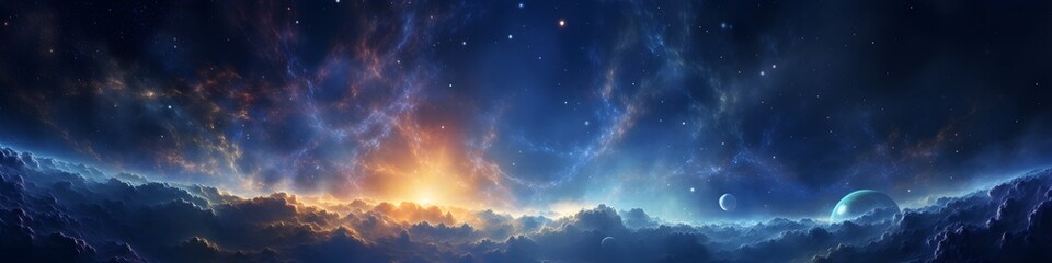 Fototapeta premium Panorama ,stars, space, suns , astronomy, universe, and planets background, wallpapers. AI generated.