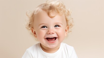 a horizontal format of a young child laughing/smiling with space for copy in a Fun-themed, photorealistic illustration in JPG. Generative ai