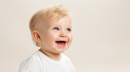 Naklejka premium a horizontal layout of a blonde infant boy model looking up 3/4 view with subtle background and space for copy for mock-ups / product display in a Commercial-themed JPG format. generative ai