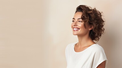 a horizontal format of a young smiling woman with space for copy in a Glamour-themed, photorealistic illustration in JPG. Generative ai