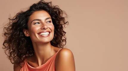 a horizontal format of a young smiling woman with space for copy in a Glamour-themed, photorealistic illustration in JPG. Generative ai