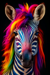 Zebra portrait with an colourful mane  