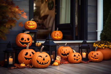 Obraz premium pumpkins sitting outside a door with decoration for Halloween