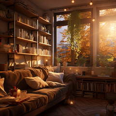 cozy autumn room with a large sofa. home furnishings. large window room design