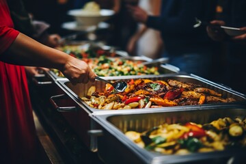 People group catering buffet food indoor in restaurant with meat colorful fruits and vegetables | Generative AI