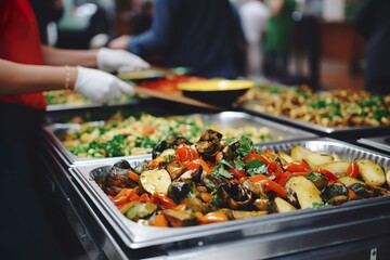 People group catering buffet food indoor in restaurant with meat colorful fruits and vegetables | Generative AI