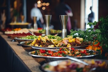 People group catering buffet food indoor in restaurant with meat colorful fruits and vegetables | Generative AI - obrazy, fototapety, plakaty