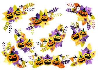 Obraz premium 水彩風ハロウィーンと落葉の素材集・紫