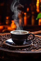 Fototapeta premium coffee cup with steam surrounded by coffee beans. High quality photo
