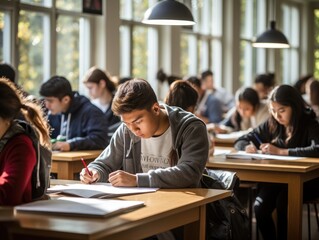 A group of students sitting at desks in a classroom. Generative AI.
