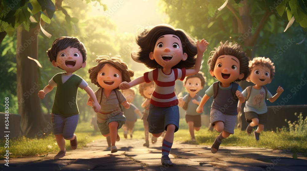 Poster a group of children running in a park. generative ai.