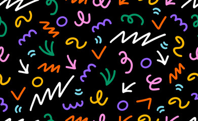 Vector colorful line doodle seamless pattern. Creative abstract style art symbol background for children or celebration design with basic shapes. Simple childish scribble wallpaper print.