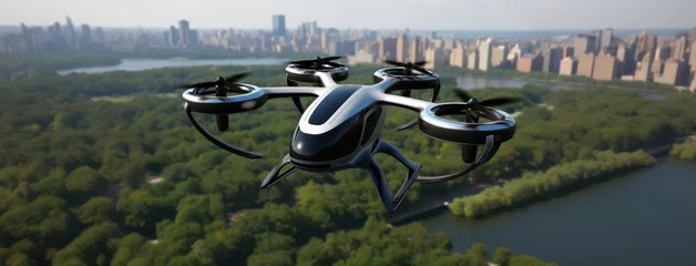 Fototapete Hubschrauber futuristic manned roto passenger drone flying in the sky over modern city for future air transportation and robotaxi concept as wide banner with copy space area - Generative AI