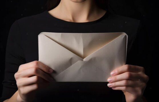 A woman holding an envelope in her hands. Generative ai