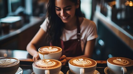 Authentic Coffee Scene: Candid Barista Creating Latte Art with Joyful Dedication