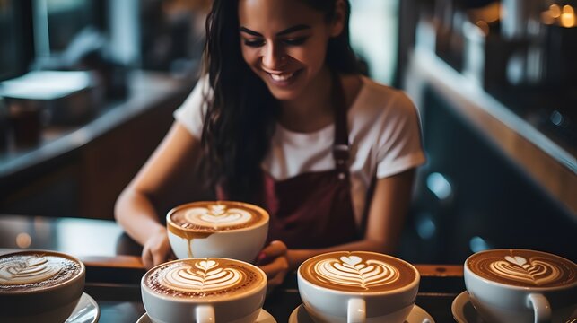 Authentic Coffee Scene: Candid Barista Creating Latte Art with Joyful Dedication